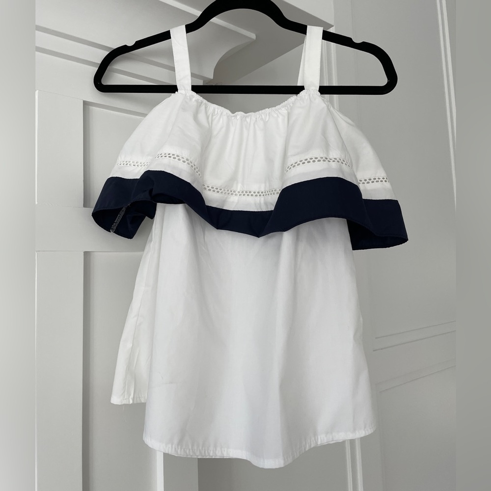 Off the shoulder white and navy top